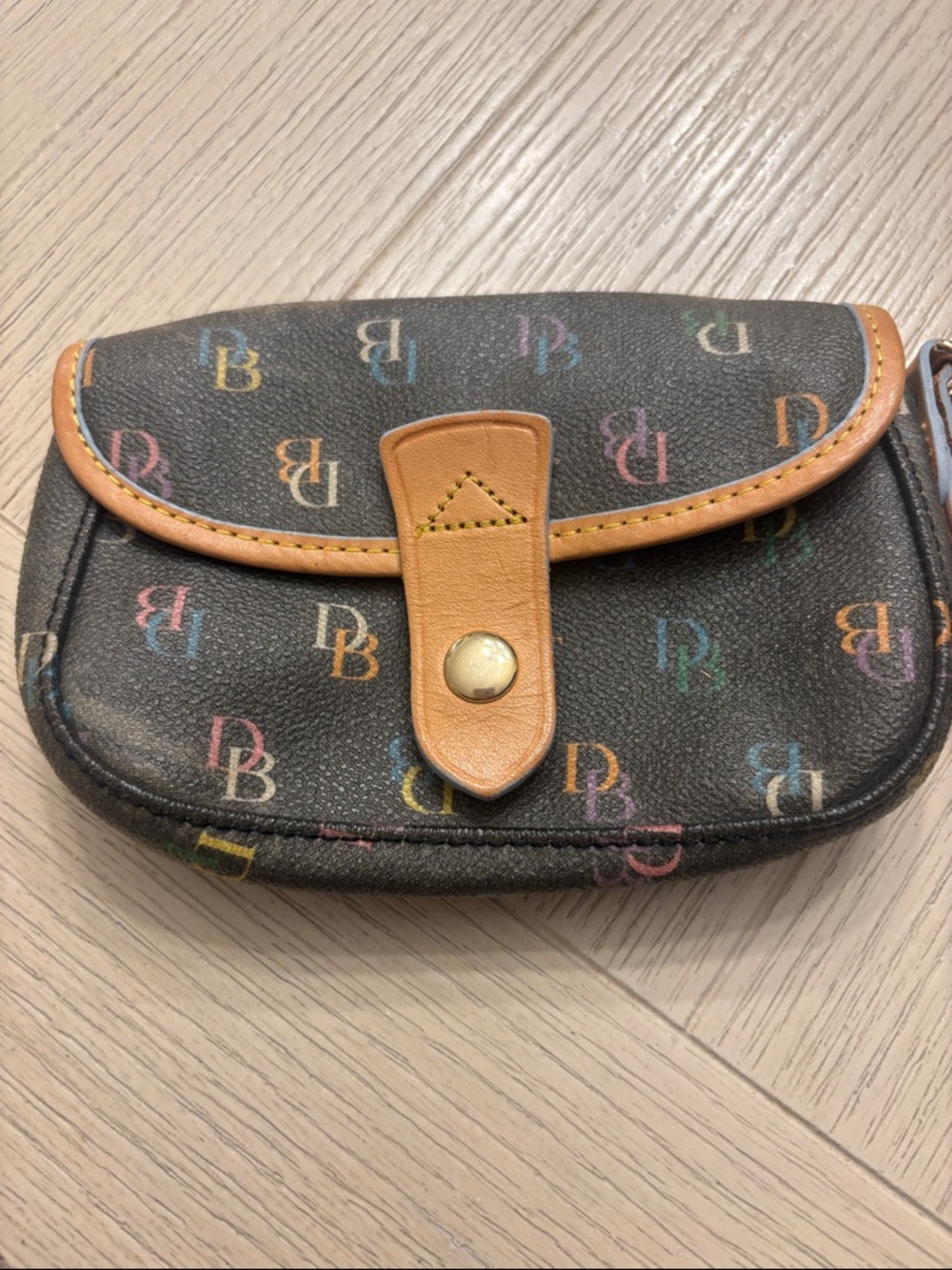 Dooney & Bourke Black Multicolor DB Logo Snap Coin Purse with Tan Trim